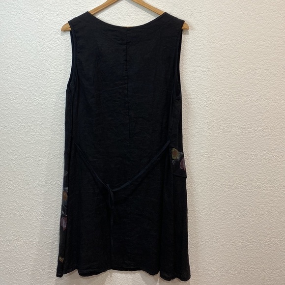 Women's Made in Italy Black Floral 100% Linen Lagenlook Boho Coastal Midi Dress - Picture 5 of 7